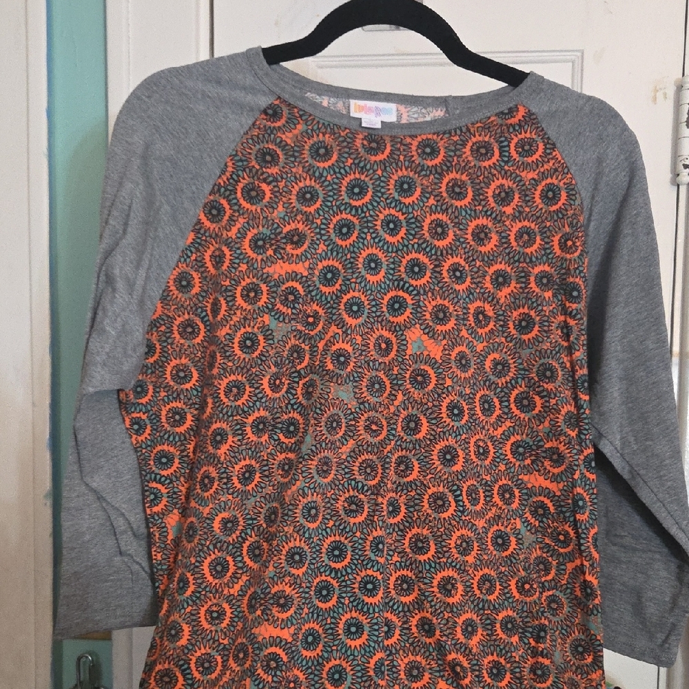 LuLaRoe Long Sleeve Tee with Orange and Gray Floral Pattern